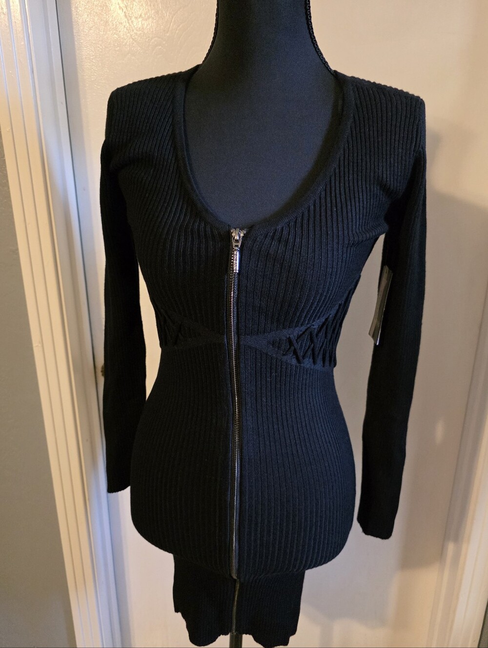 Black Ribbed Zip-Front Women's Dress